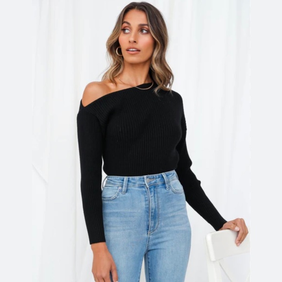 Off One Shoulder Black Sweater - Picture 1 of 3